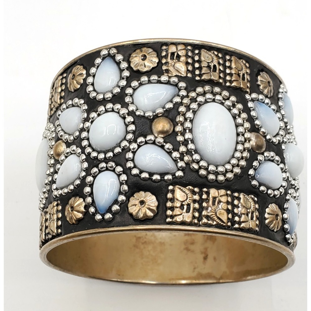 Wide Tribal Style Cuff Bracelet Lilac Blue Cabochon Boho Statement 94g